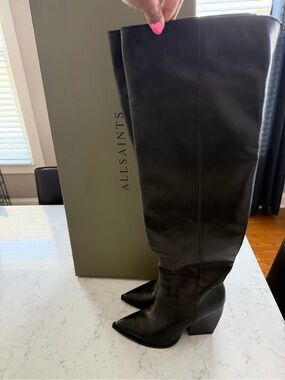 All Saints Black Over-the-Knee Pointed Toe Leather Boots